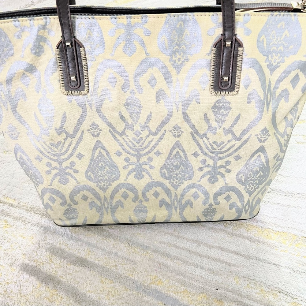 Stella & Dot Silver Ikat Canvas Tote Bag with Red Interior